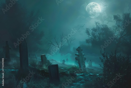 Spooky haunted cemetery with old tombstones in foggy full moon night, digital illustration