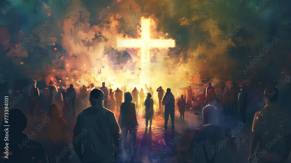 Diverse crowd around illuminated cross in modern painting style, Christian faith and unity concept illustration - obrazy, fototapety, plakaty 