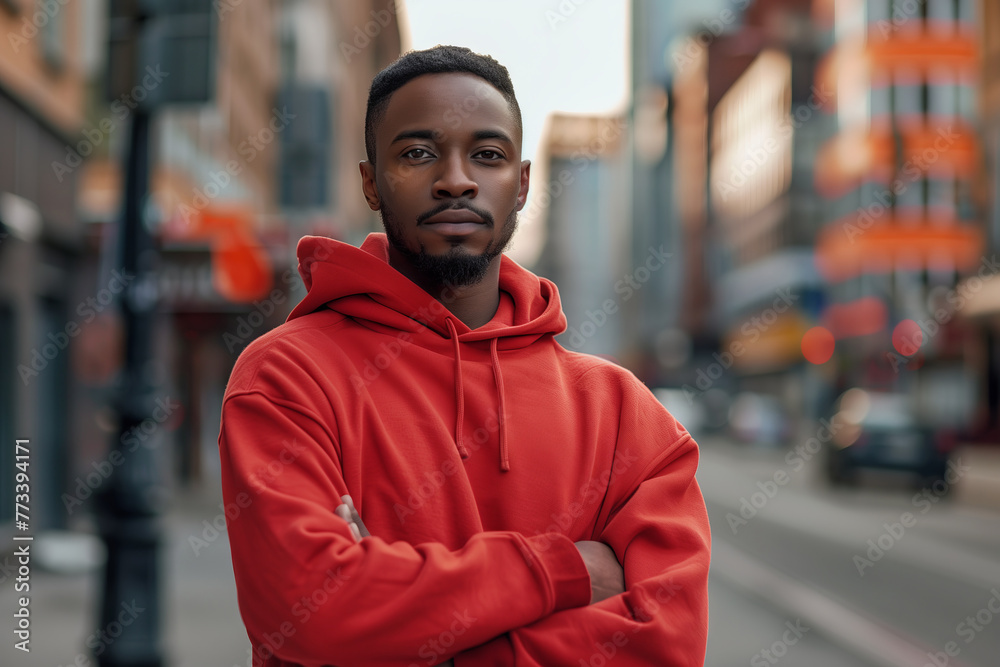 Confident Young black Man in Red Hoodie Standing with Arms Crossed in the street looking at camera Confident Young black Man in Red Hoodie Standing with Arms Crossed in the street looking at camera