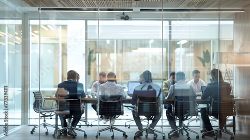 Professional Team Engaged in a Business Meeting Inside Modern glass Office Space photo