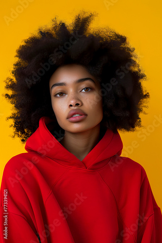 Vertical Portrait of a Confident Young Afro Woman in Red Hoodie Against Yellow Background © Renata Hamuda