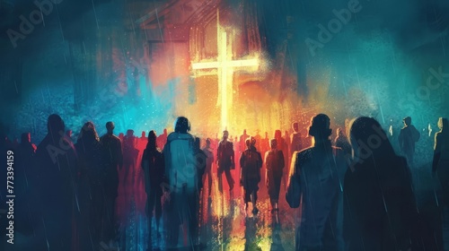 Diverse crowd around illuminated cross in modern painting style, Christian faith and unity concept illustration photo