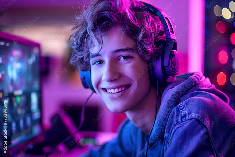 Happy Teenage Gamer boy with headphones Playing Online Video Games on computer in the room with vibrant neon lights Happy Teenage Gamer boy with headphones Playing Online Video Games on computer in the room with vibrant neon lights