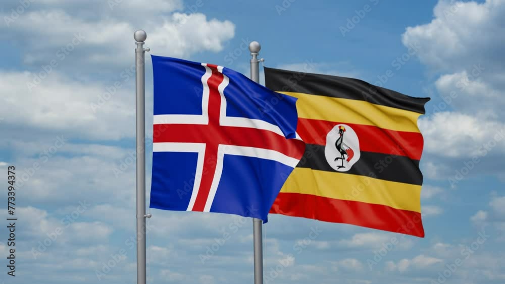 Republic of Uganda and Iceland two flags waving together, looped video, two country cooperation concept Republic of Uganda and Iceland two flags waving together, looped video, two country cooperation concept