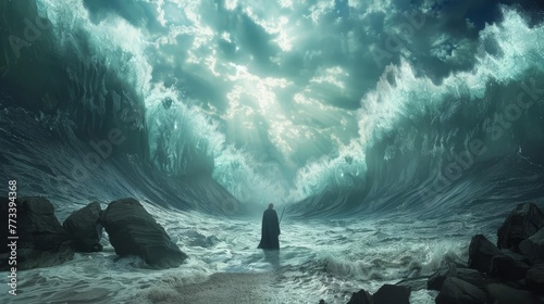 Dramatic biblical scene of Moses parting the Red Sea, ocean waves opening in 3D illustration photo