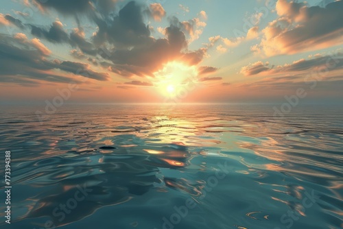Spectacular ocean sunrise with sky reflecting in calm water, abstract seascape - Digital 3D illustration