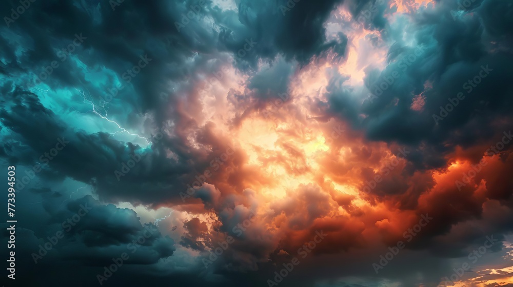 Dramatic stormy sky with dark clouds and lightning, sun peeking through, weather background - obrazy, fototapety, plakaty 