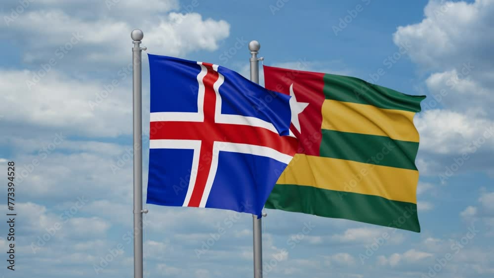 Togo, Togolese Republic and Iceland two flags waving together, looped video, two country cooperation concept