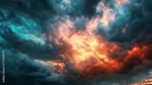Dramatic stormy sky with dark clouds and lightning, sun peeking through, weather background #773394503