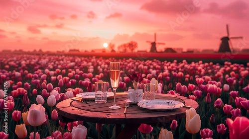 Colorful tulip field at sunset with two glasses of wine and tableware