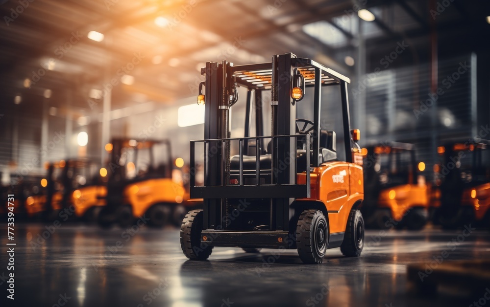 A forklift maneuvers gracefully in a warehouse, surrounded by other forklifts