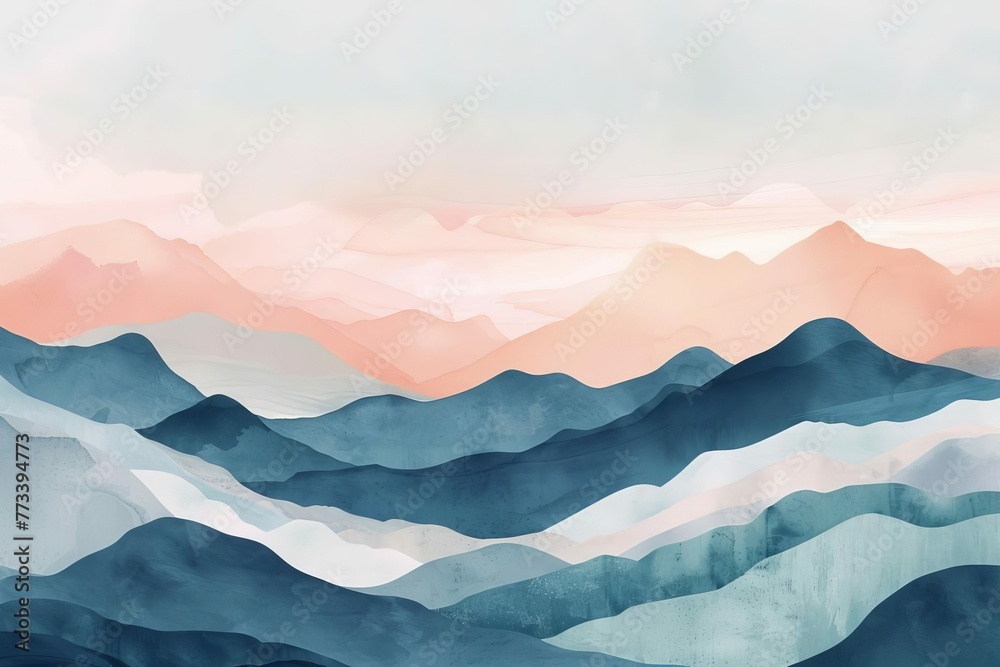 Soft pastel watercolor abstract mountains, minimalist landscape, panoramic banner illustration