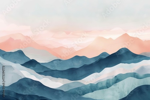 Soft pastel watercolor abstract mountains, minimalist landscape, panoramic banner illustration