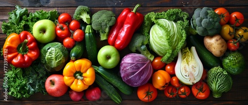 Vegetables and fruit background. A colorful display of fresh vegetables and fruits on a dark wood background  shown from above.