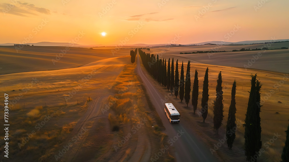 Aerial view of a truck on a road during sunset