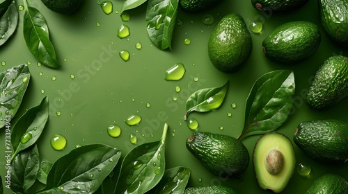 Top view of fresh avocados with leaves on a green background, flat lay, top view pattern concept. Flat lay of avocado fruits with water drops. avocados arranged on a green background photo