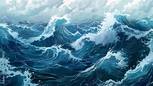 Dynamic ocean waves illustration. Digital art of turbulent sea. Nautical and marine concept for design and print.