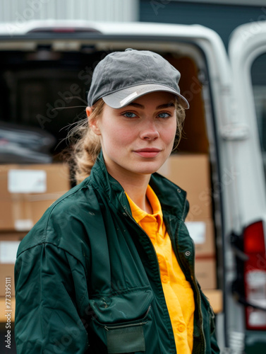 Woman delivery driver in front of a van full of boxes