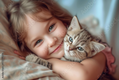 At home  beautiful little girl smiles a holds cute kitten in her hands AI Generative