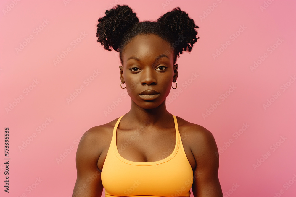 Portrait of a sporty woman with dumbbells in yellow on pink background. Portrait of a sporty woman with dumbbells in yellow on pink background.
