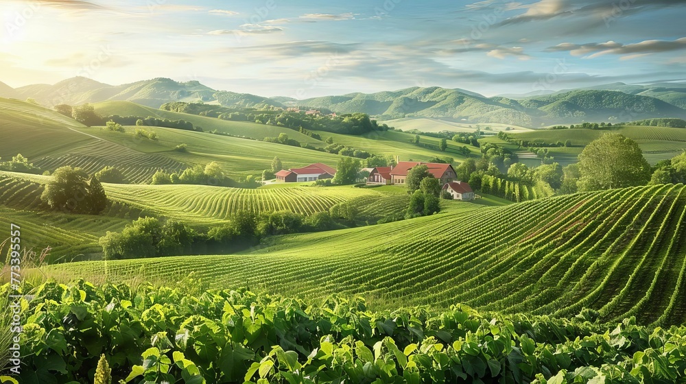 Enchanting farm landscape with lush agricultural fields and serene countryside vista, photorealistic digital illustration