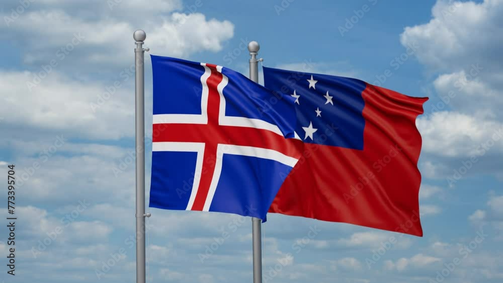 Samoa and Iceland two flags waving together, looped video, two country cooperation concept Samoa and Iceland two flags waving together, looped video, two country cooperation concept