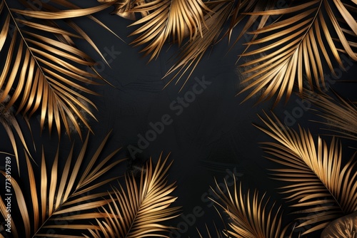 Bright golden palm leaves contrast against a stark black background