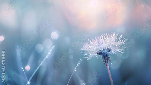 Ethereal dandelion seed with glistening dew drops floating in the air  dreamy macro photography