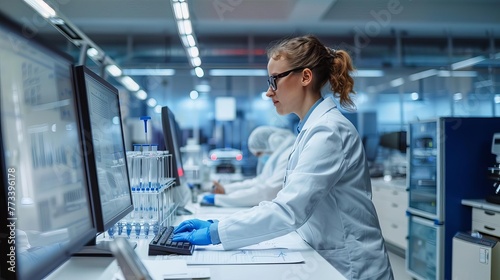 Female data scientists working on computers in modern laboratory, analyzing information charts and diagrams