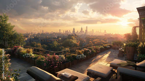 From a rooftop garden, the view stretches across the city, with the massive sun beginning to dip below the skyline, bathing everything in a soft, golden light, perfect for summer evenings.