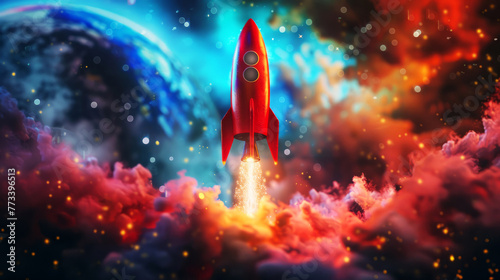 Fototapeta Naklejka Na Ścianę i Meble -  Launch of a red toy rocket on colorful space background, 