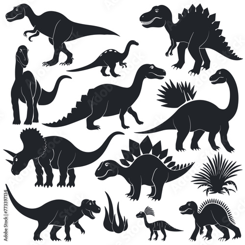 dinosaur icons set, black silhouettes on white background, vector illustration.