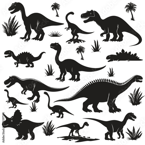 Dinosaur silhouettes set. Vector illustration of prehistoric animals. Set of dinosaurs