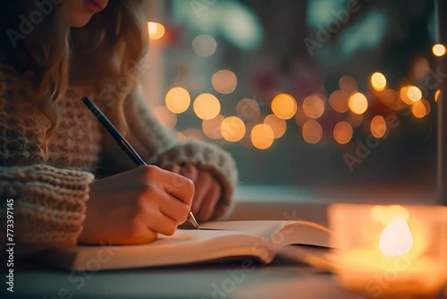 Woman in cozy sweater writing in journal by candlelight with warm bokeh lights