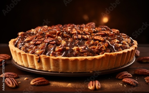 A tempting pecan pie rests on a plate surrounded by scattered pecans
