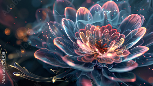 Macro closeup of fractal flower, digital artwork for creative graphic design. AI.