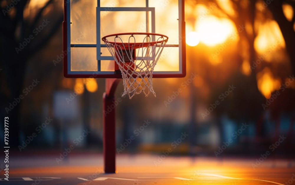 Basketball hoop silhouetted against setting sun