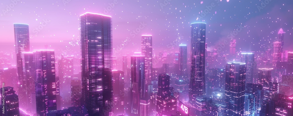 Pink cityscape with glowing skyscrapers at night. 3D illustration of futuristic urban landscape.