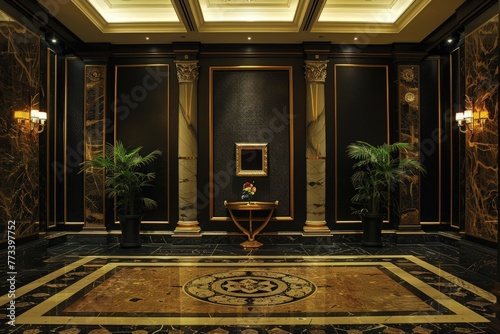 A spacious room featuring a magnificent crystal chandelier hanging from the ceiling, illuminating the elegant marble floor