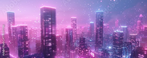 Pink cityscape with glowing skyscrapers at night. 3D illustration of futuristic urban landscape.