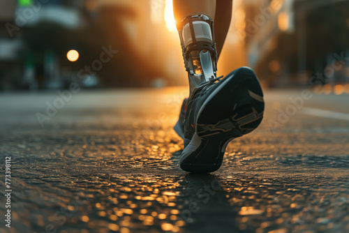 On background of street, prosthetic leg of person is shown with running shoes on AI Generation