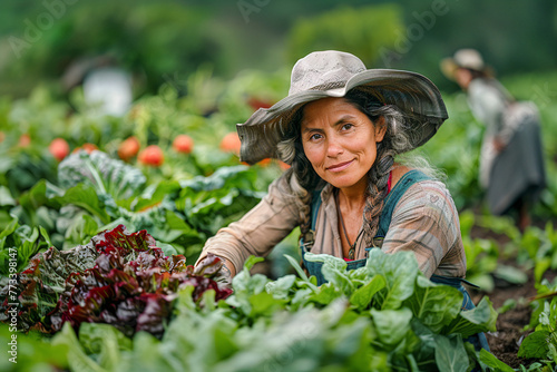 Hispanic Woman Harvesting Fresh Red Strawberries