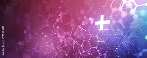 Abstract healthcare network background with purple and white gradient and cross symbol. Medical technology and research concept