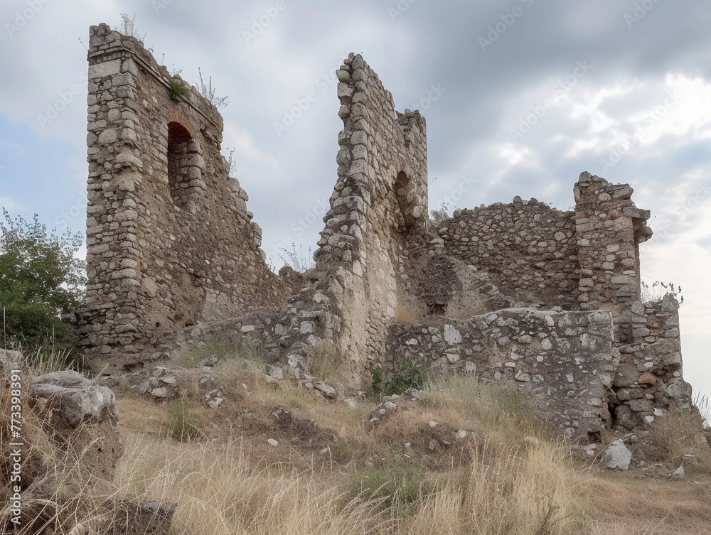 Time-Worn Castle Ruins Under Cloudy Sky