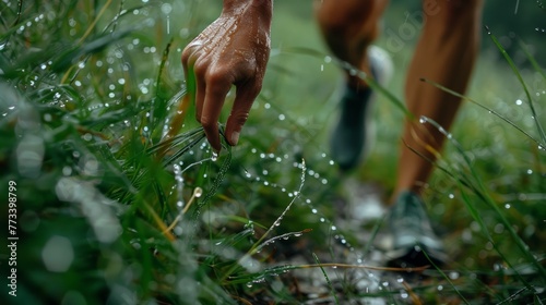 Close-up of a human hand touching wet grass with raindrops. Macro nature photography with a focus on interaction and freshness © ANStudio