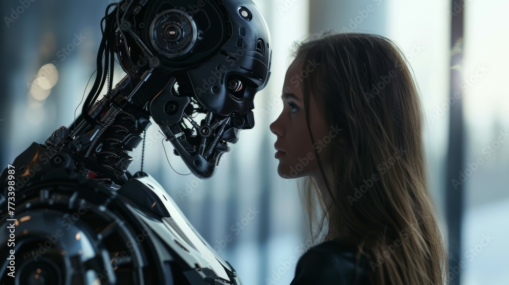 Beautiful woman looking face to face with male robot. The two faces are very close together. The relationship between artificial cyborg and real girl. Close-up portrait of futuristic couple. Beautiful woman looking face to face with male robot. The two faces are very close together. The relationship between artificial cyborg and real girl. Close-up portrait of futuristic couple.