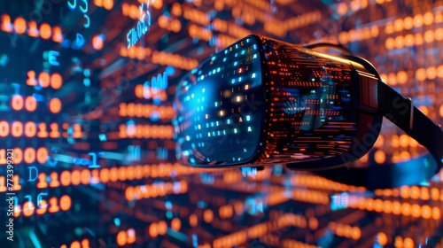 A virtual reality headset on a digital background