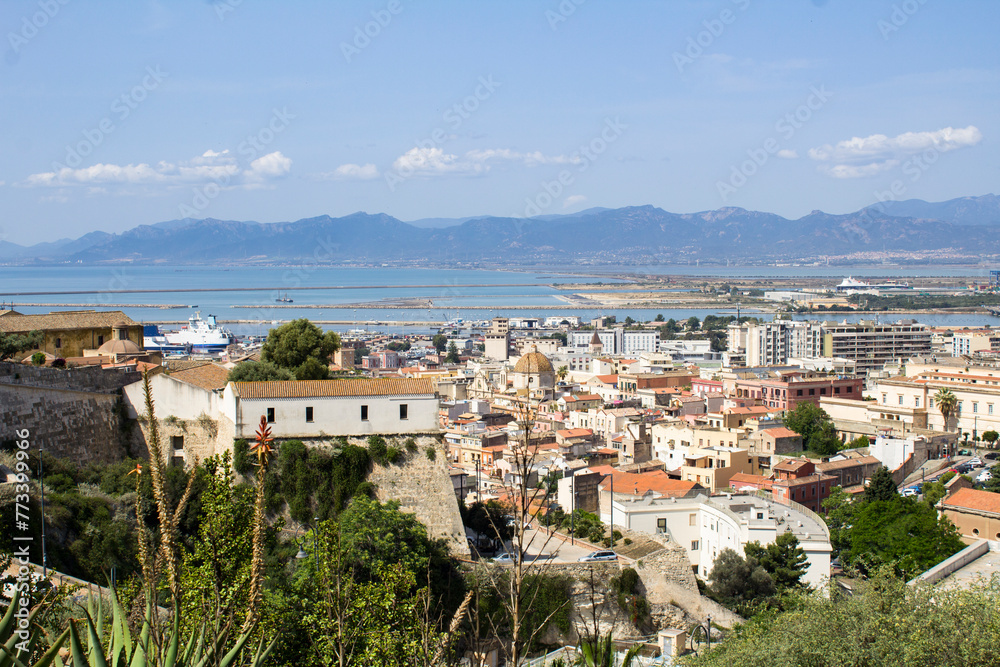 View of the city on the summer day. Top view. Cagliari. Italy.