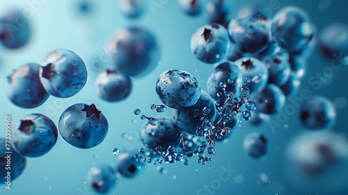 Floating blueberries with water splash in air on blue background. Detailed macro photography with water freeze motion