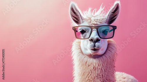 Quirky Llama Wearing Sunglasses, Solid Pastel Background, Surreal Editorial Illustration © Jelena